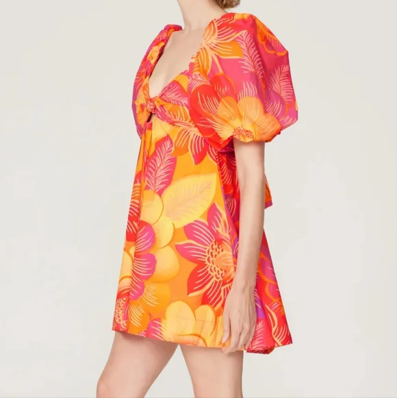 FARM Rio summer garden ombre puff sleeve tie back mini dress floral orange pink - Picture 2 of 10